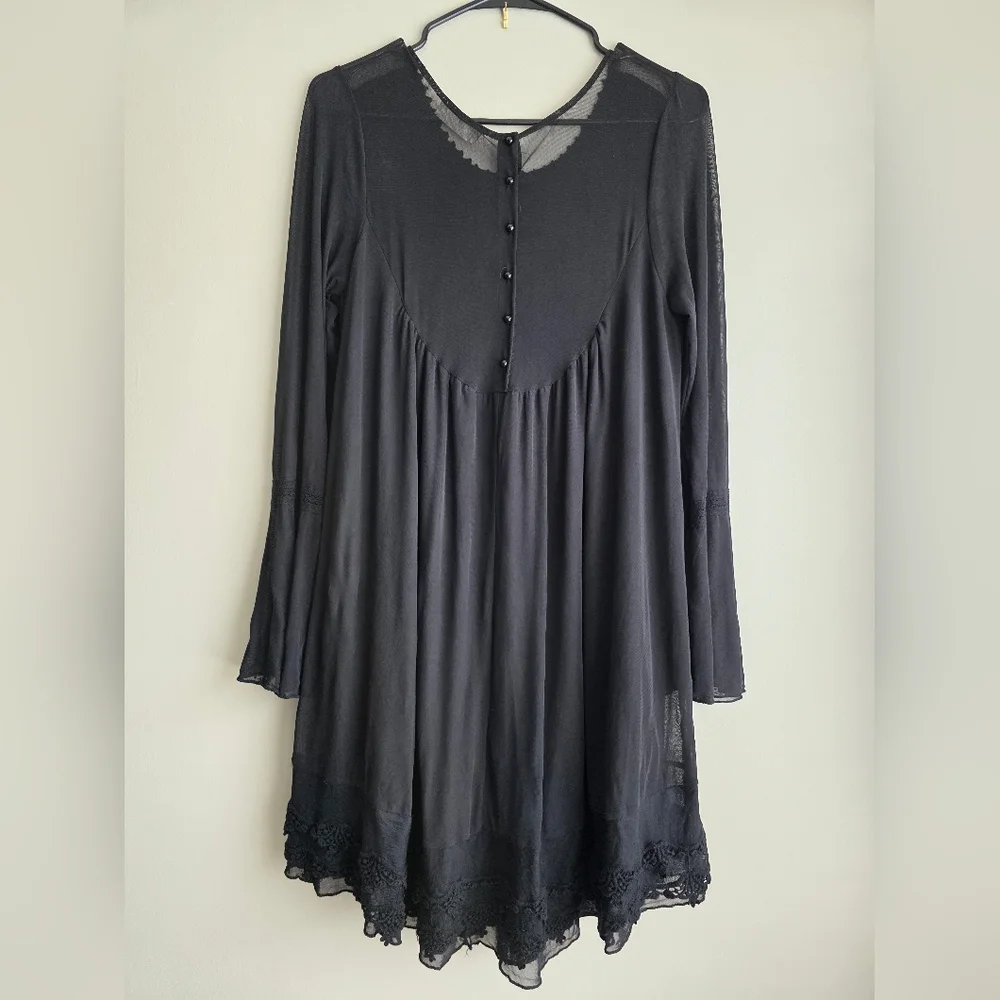 Altar'd State Black Crochet Lace Bell Sleeve Boho Mini Dress - Picture 8 of 13